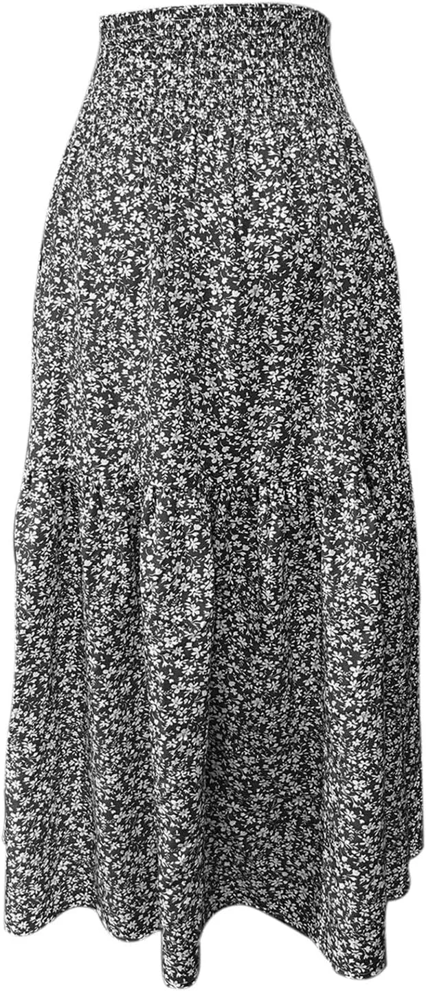 Summer Casual Boho Floral Maxi Skirt Women Elastic High Waist Tiered Pleated Flowy Long Beach Skirt