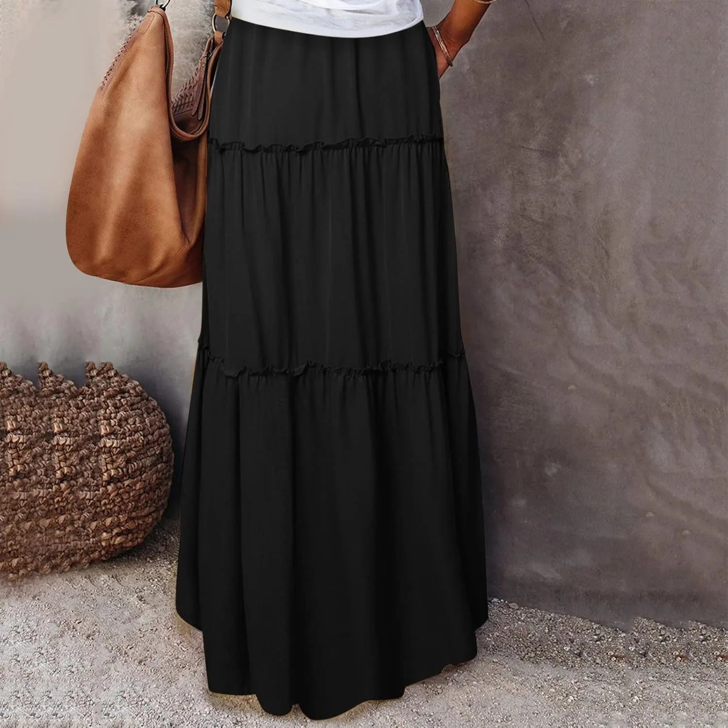 Summer Casual Boho Floral Maxi Skirt Women Elastic High Waist Tiered Pleated Flowy Long Beach Skirt