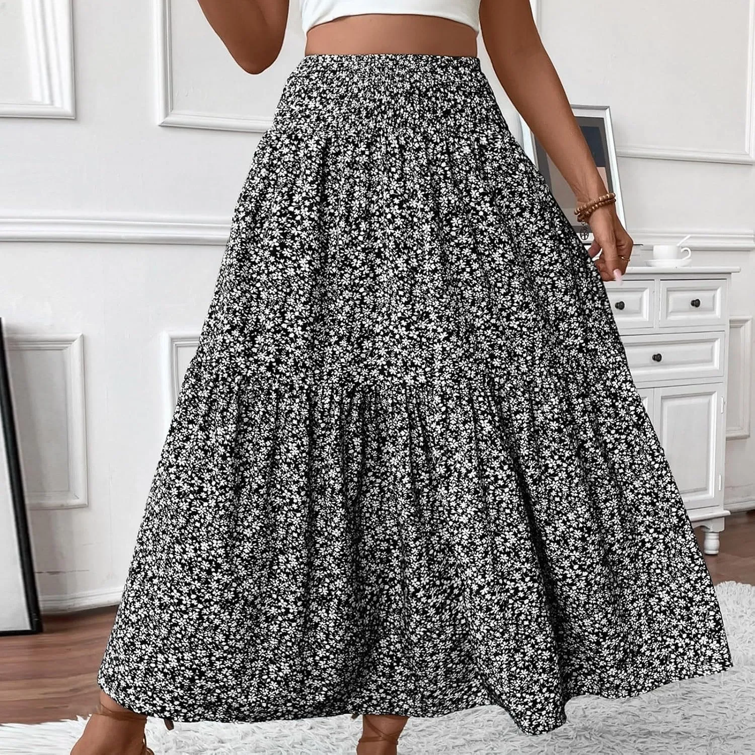 Summer Casual Boho Floral Maxi Skirt Women Elastic High Waist Tiered Pleated Flowy Long Beach Skirt