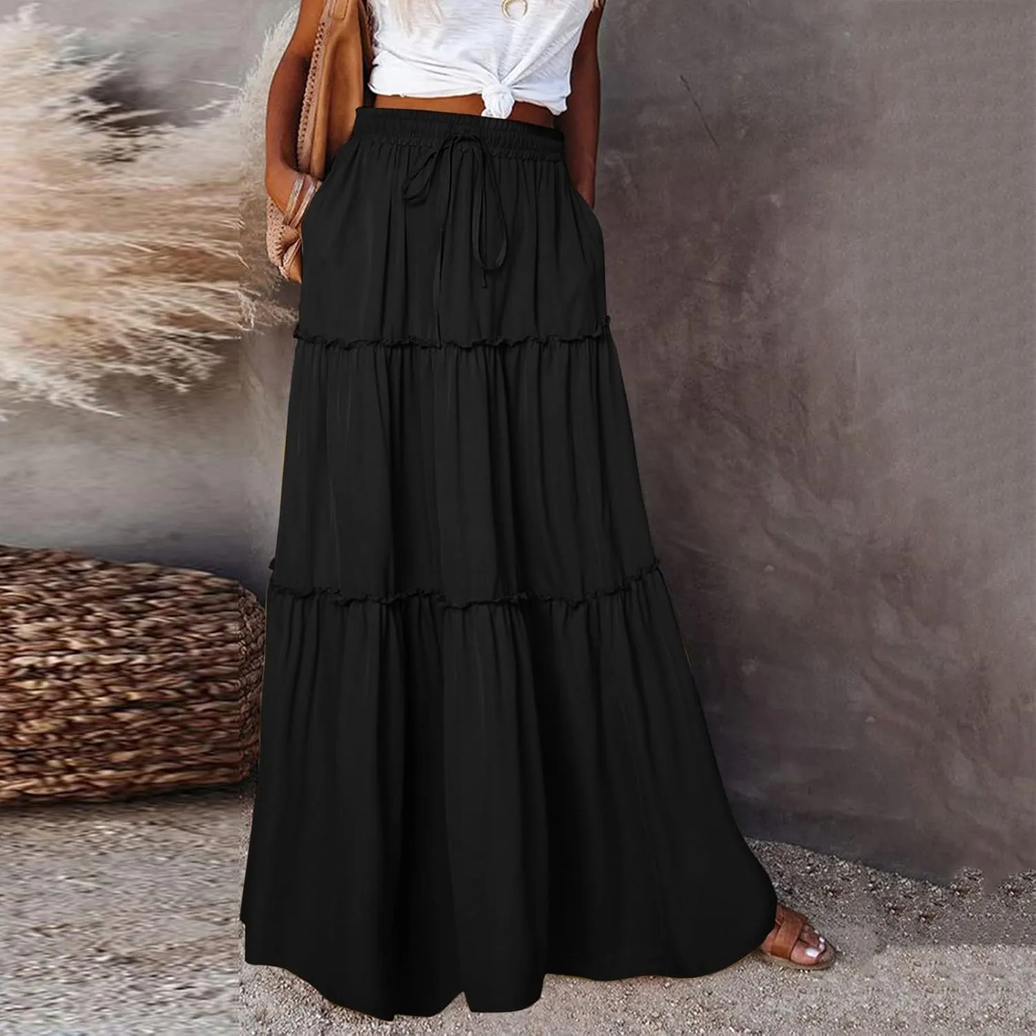 Summer Casual Boho Floral Maxi Skirt Women Elastic High Waist Tiered Pleated Flowy Long Beach Skirt