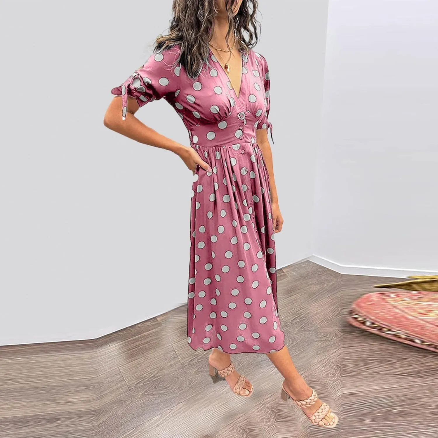 Summer Dresses for Women 2024 Wrap V Neck Short Sleeve High Waist Floral Flowy A Line Polka Dot Midi Short Boho Dresses