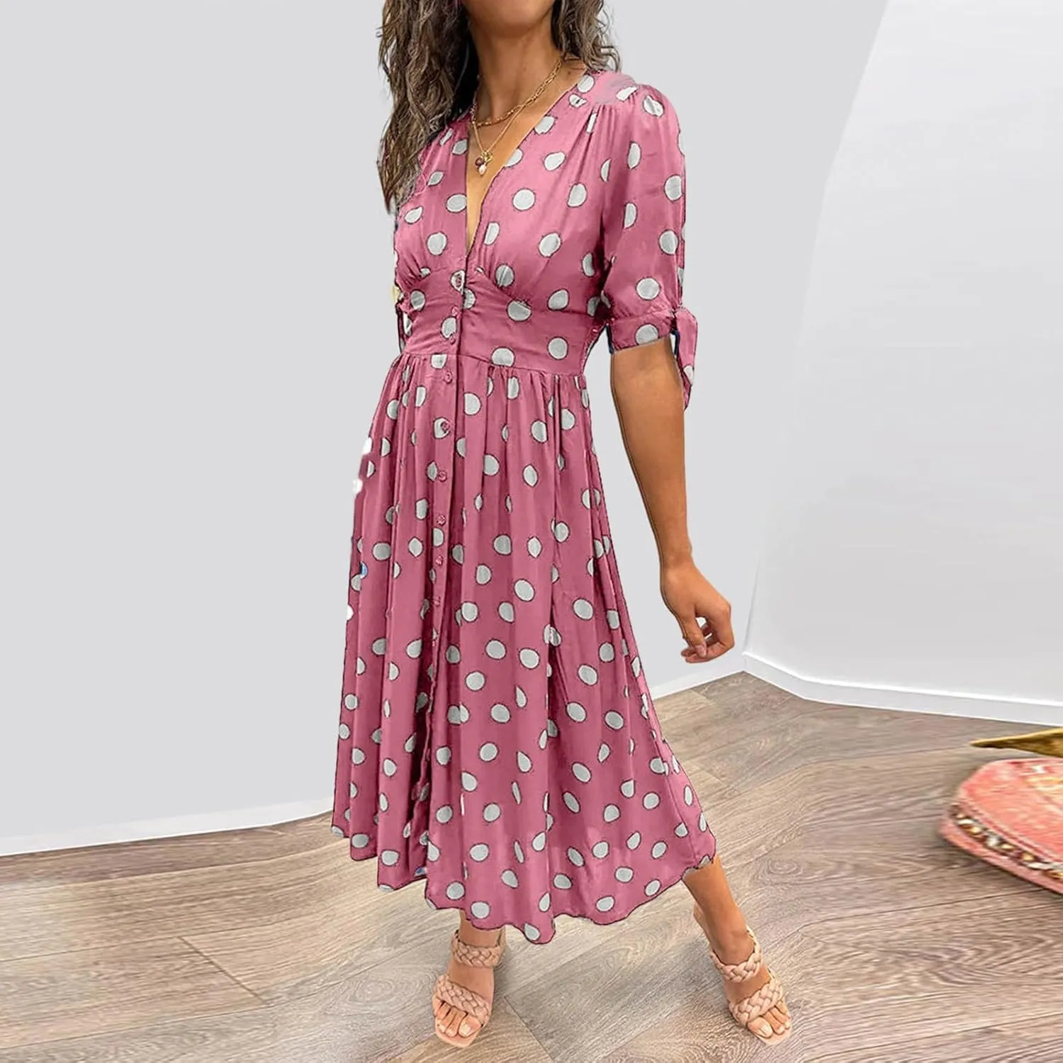 Summer Dresses for Women 2024 Wrap V Neck Short Sleeve High Waist Floral Flowy A Line Polka Dot Midi Short Boho Dresses