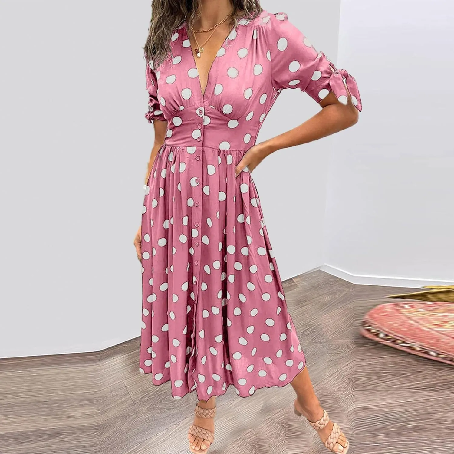Summer Dresses for Women 2024 Wrap V Neck Short Sleeve High Waist Floral Flowy A Line Polka Dot Midi Short Boho Dresses