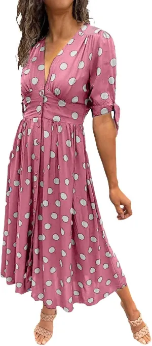 Summer Dresses for Women 2024 Wrap V Neck Short Sleeve High Waist Floral Flowy A Line Polka Dot Midi Short Boho Dresses
