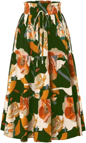 Summer Flowy Long Skirts for Women Boho Floral Elastic High Waist A Line Pleated Tiered Maxi Skirt Casual Beach