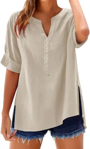 Summer Linen Tops for Women V Neck Short Sleeve Tops Casual Button Shirts Loose Fit Shirt Beach Vacation Outfits