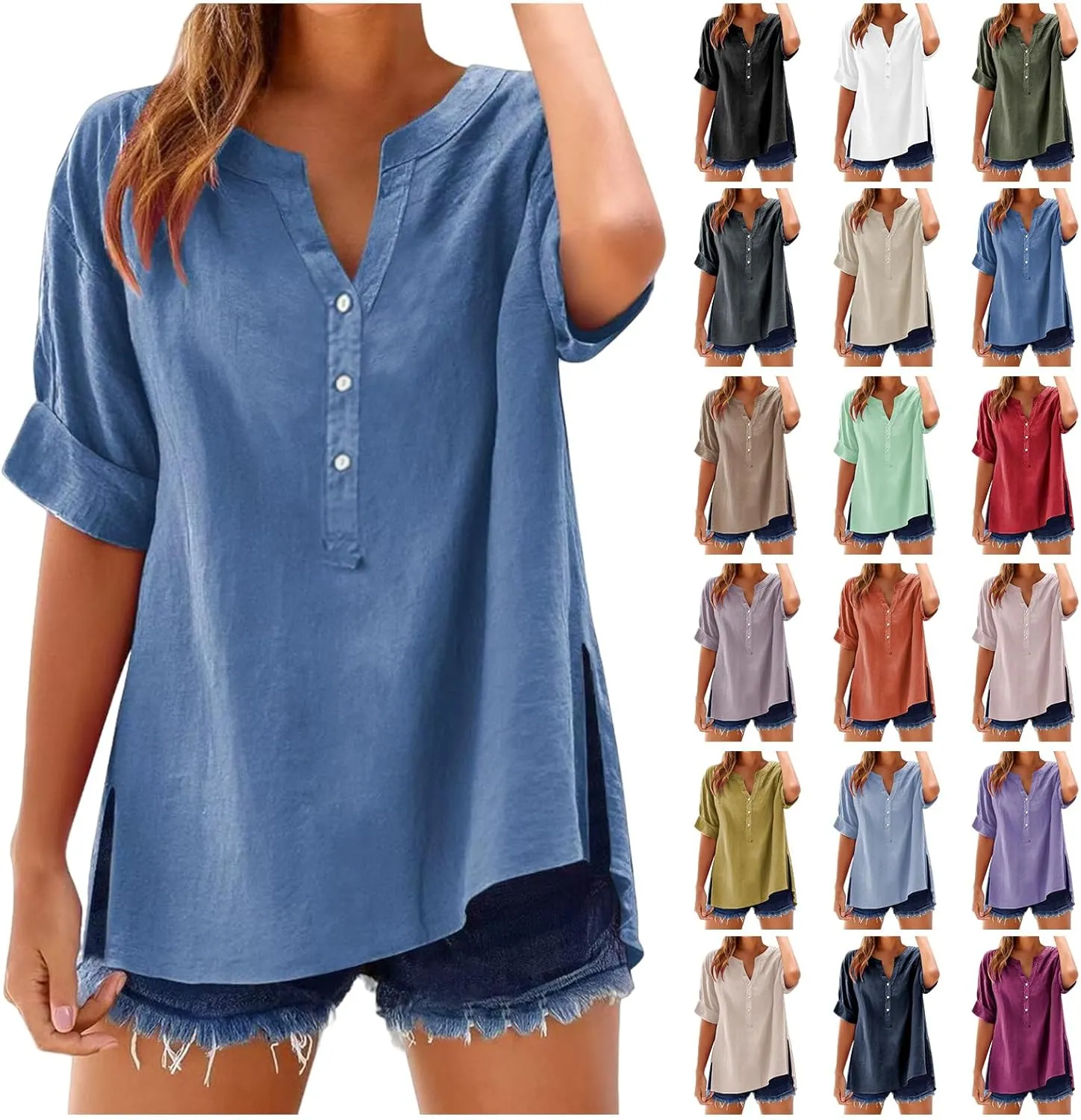 Summer Linen Tops for Women V Neck Short Sleeve Tops Casual Button Shirts Loose Fit Shirt Beach Vacation Outfits