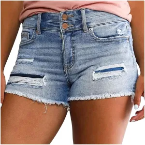 Summer Womens High Waisted Jean Shorts 2025 Stretchy Denim Shorts Frayed Hem Shorts Frayed Hem Patchwork Shorts