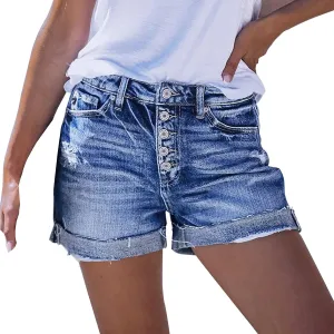 Summer Womens High Waisted Jean Shorts Comfy Stretchy Workout Denim Shorts Frayed Hem Shorts Button Denim Shorts