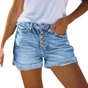 Summer Womens High Waisted Jean Shorts Comfy Stretchy Workout Denim Shorts Frayed Hem Shorts Button Denim Shorts