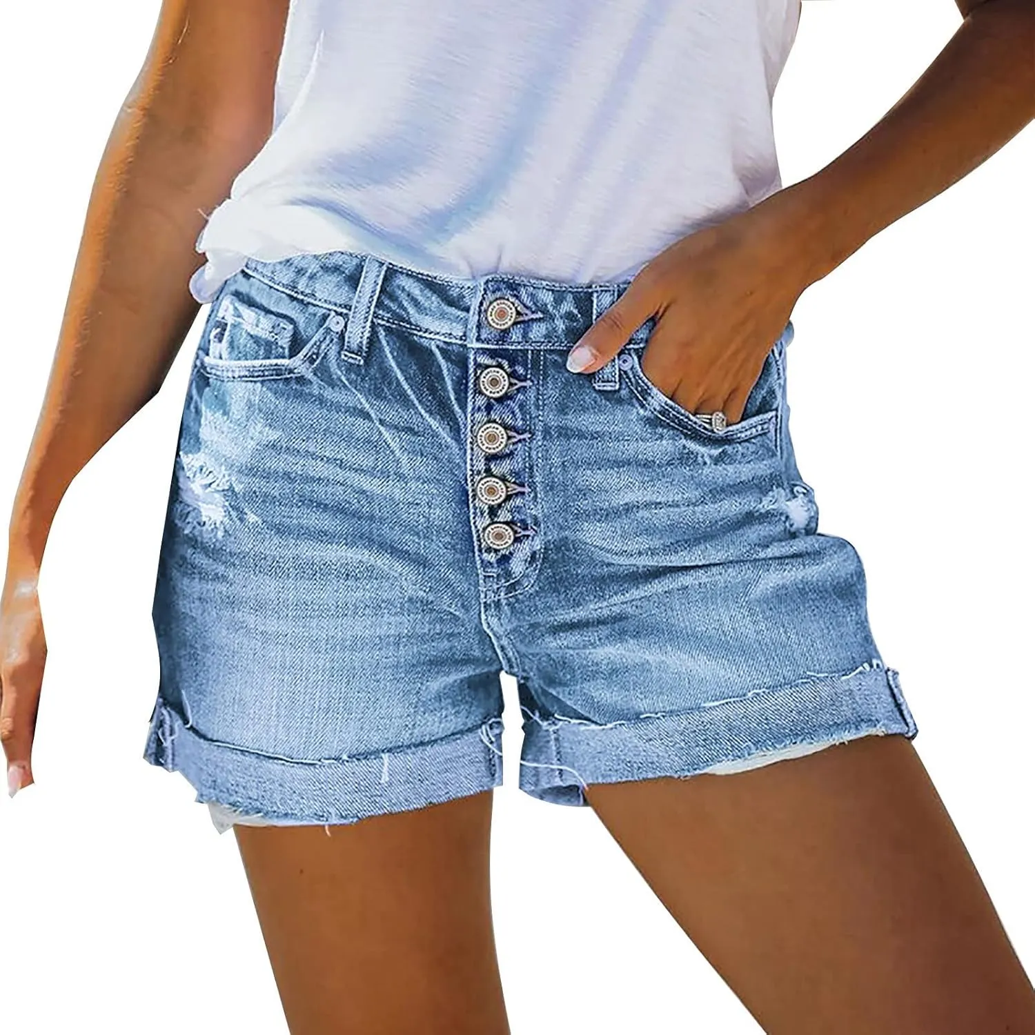 Summer Womens High Waisted Jean Shorts Comfy Stretchy Workout Denim Shorts Frayed Hem Shorts Button Denim Shorts