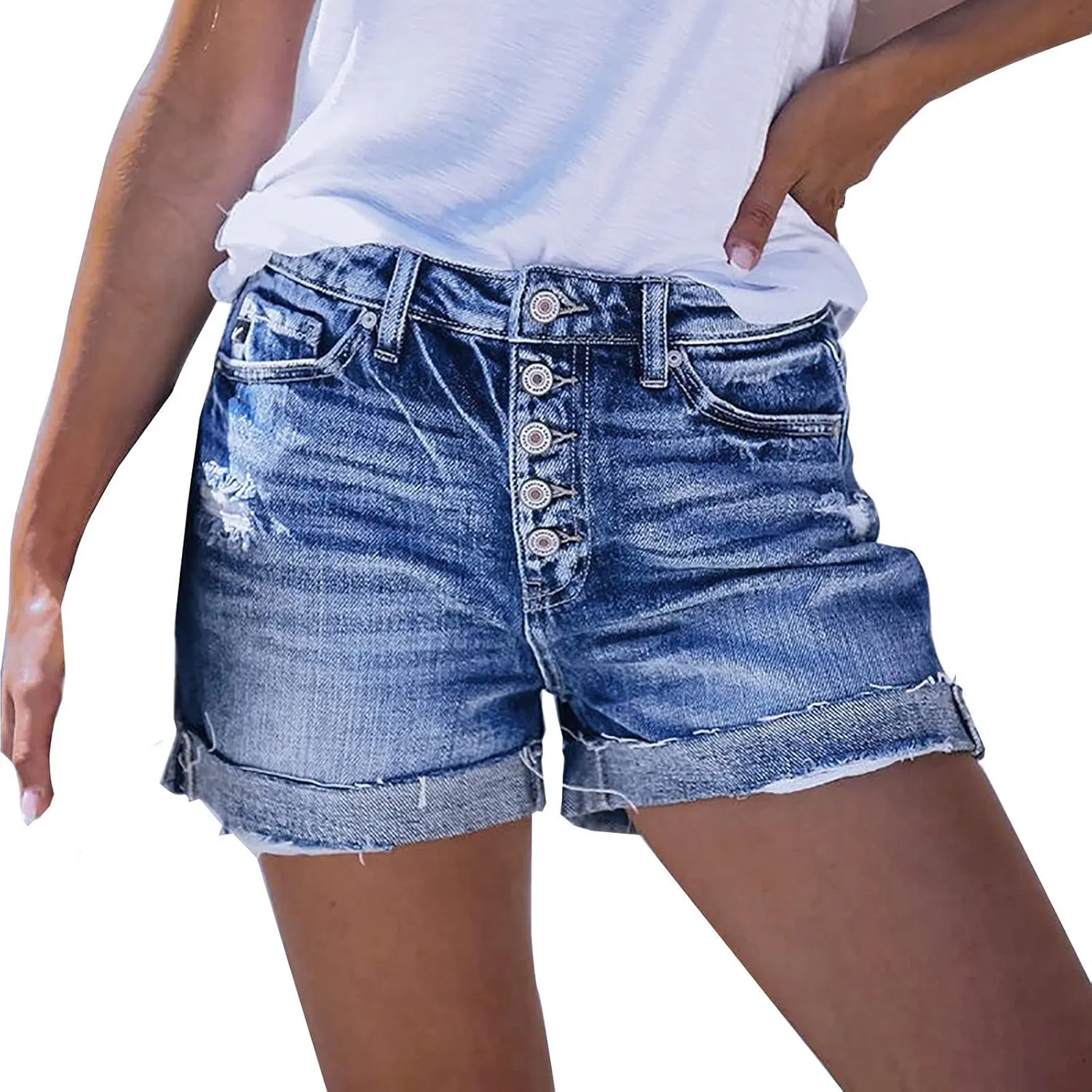Summer Womens High Waisted Jean Shorts Comfy Stretchy Workout Denim Shorts Frayed Hem Shorts Button Denim Shorts