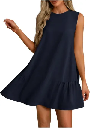 Sun Dresses for Women 2025 Vacation Summer Ruffle Crewneck Sleeveless Tank Mini Dress Shift Date Outfits