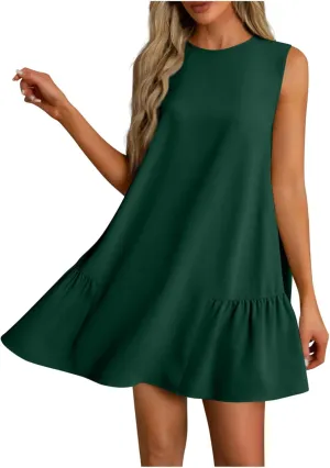 Sun Dresses for Women 2025 Vacation Summer Ruffle Crewneck Sleeveless Tank Mini Dress Shift Date Outfits