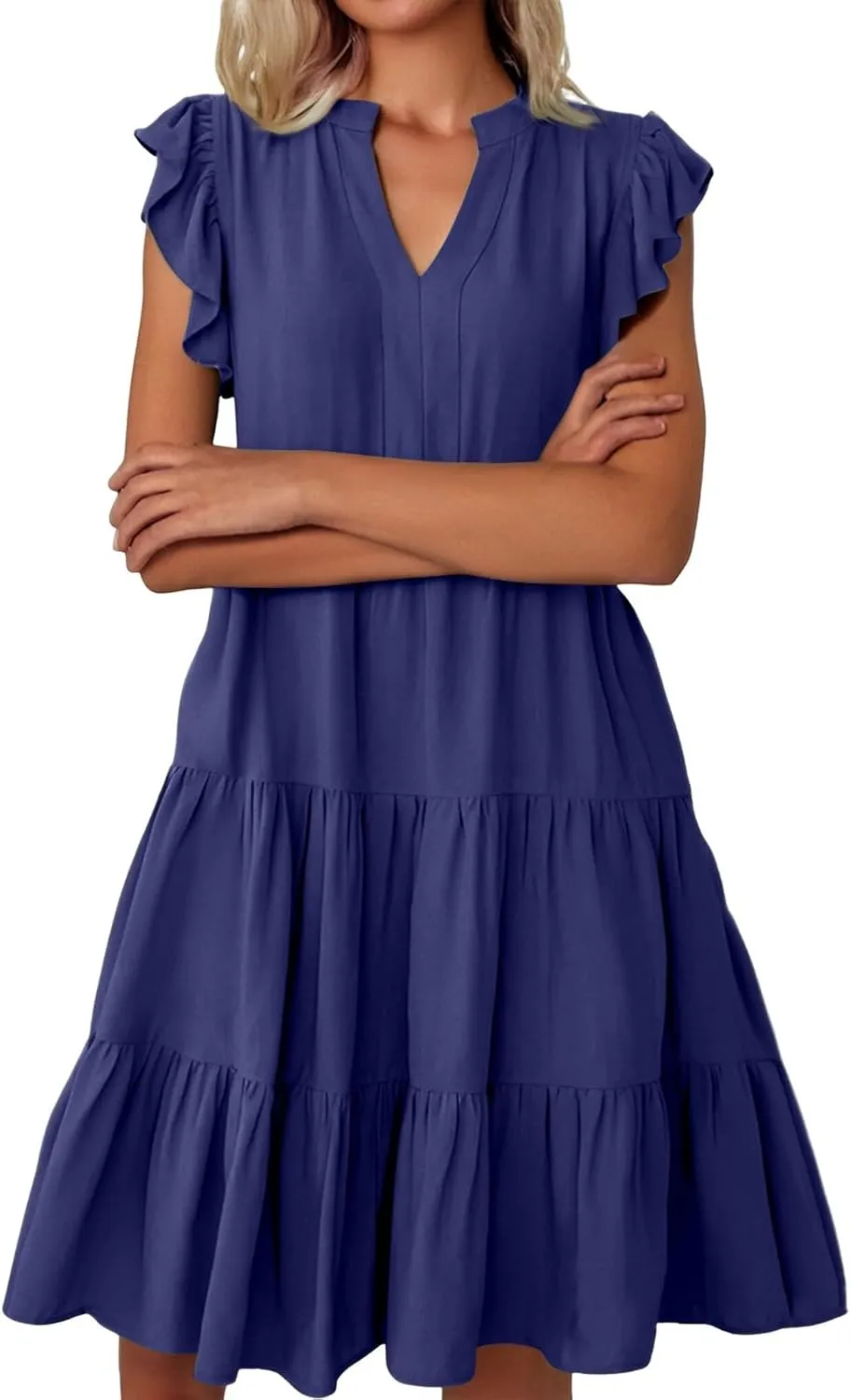 Sundresses for Women 2025 Summer Ruffle Sleeve V Neck Midi Dresses Casual Loose Fit Flowy Tiered Boho Beach Dress