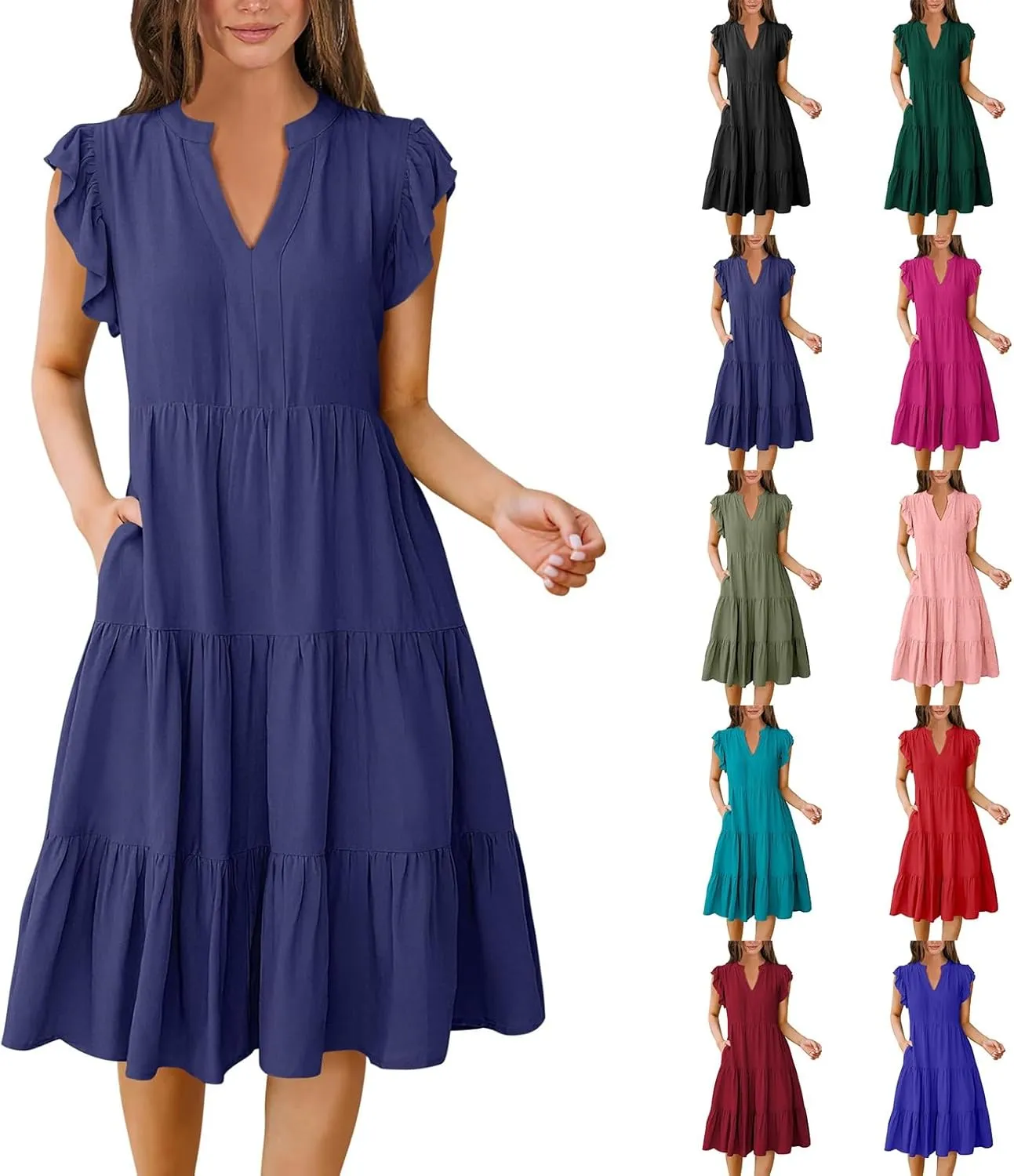 Sundresses for Women 2025 Summer Ruffle Sleeve V Neck Midi Dresses Casual Loose Fit Flowy Tiered Boho Beach Dress