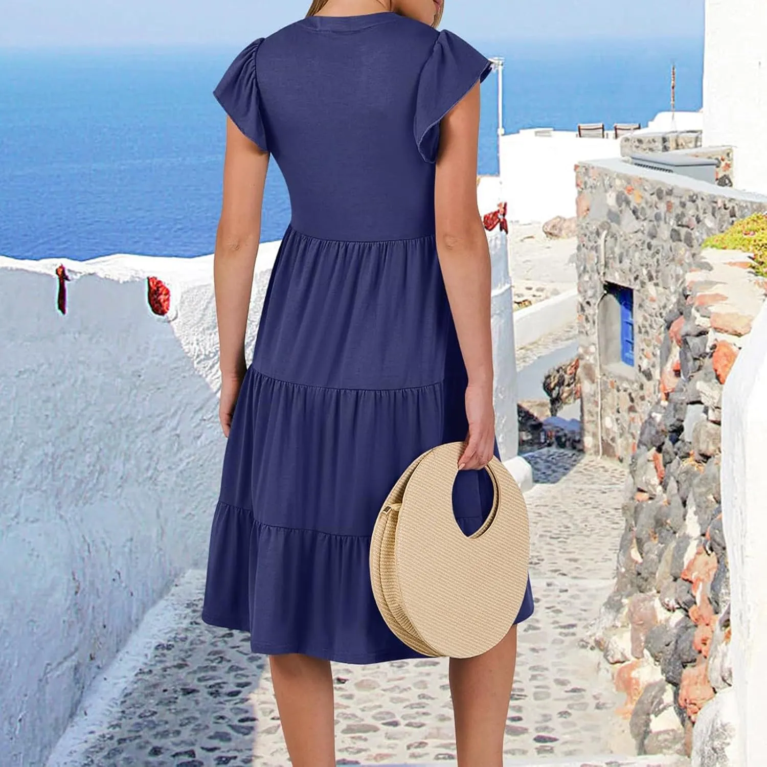 Sundresses for Women 2025 Summer Ruffle Sleeve V Neck Midi Dresses Casual Loose Fit Flowy Tiered Boho Beach Dress