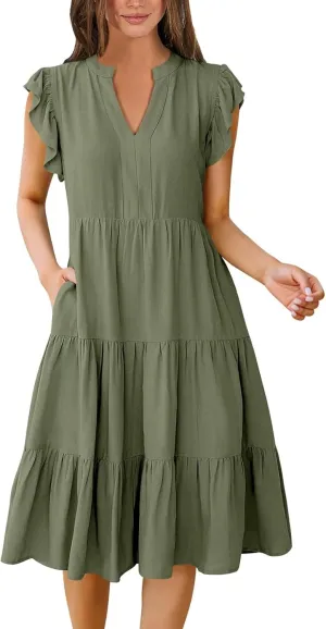Sundresses for Women 2025 Summer Ruffle Sleeve V Neck Midi Dresses Casual Loose Fit Flowy Tiered Boho Beach Dress