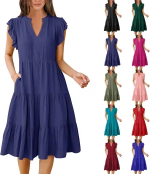Sundresses for Women 2025 Summer Ruffle Sleeve V Neck Midi Dresses Casual Loose Fit Flowy Tiered Boho Beach Dress