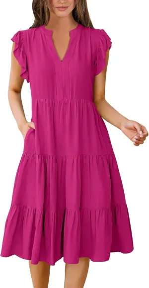 Sundresses for Women 2025 Summer Ruffle Sleeve V Neck Midi Dresses Casual Loose Fit Flowy Tiered Boho Beach Dress