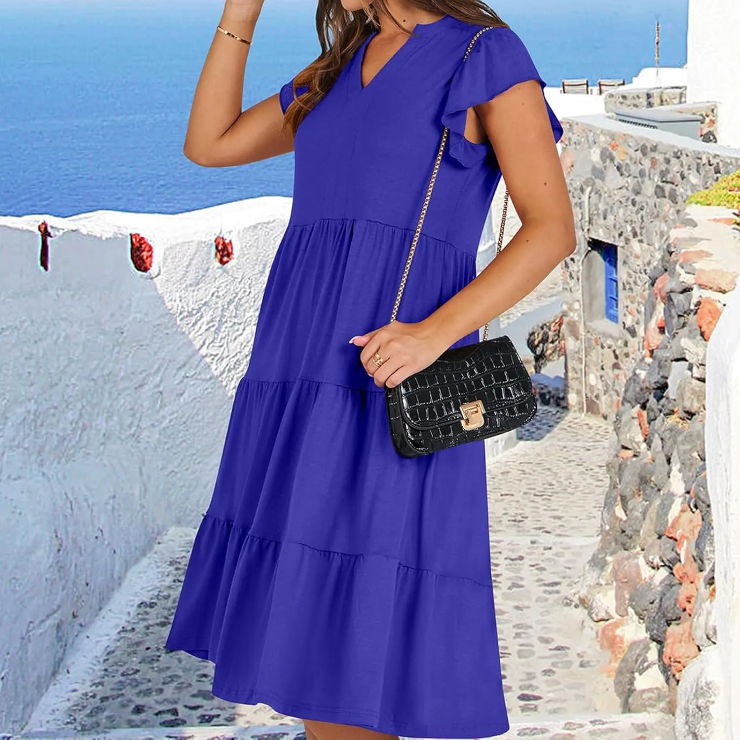 Sundresses for Women 2025 Summer Ruffle Sleeve V Neck Midi Dresses Casual Loose Fit Flowy Tiered Boho Beach Dress