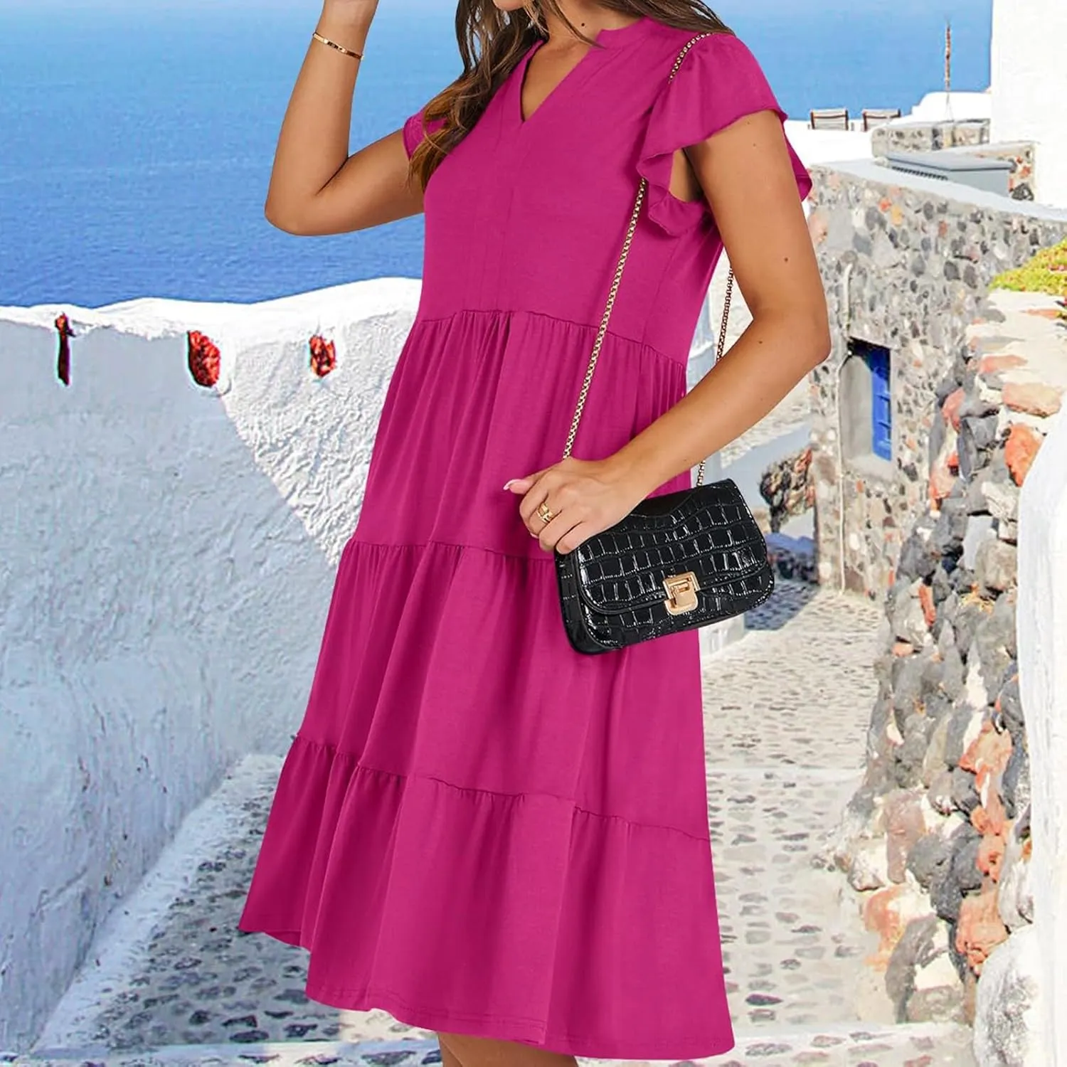 Sundresses for Women 2025 Summer Ruffle Sleeve V Neck Midi Dresses Casual Loose Fit Flowy Tiered Boho Beach Dress