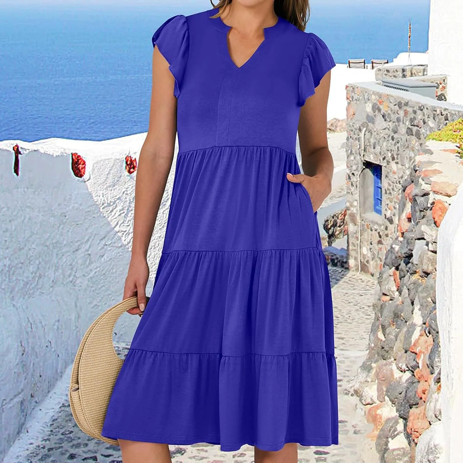 Sundresses for Women 2025 Summer Ruffle Sleeve V Neck Midi Dresses Casual Loose Fit Flowy Tiered Boho Beach Dress