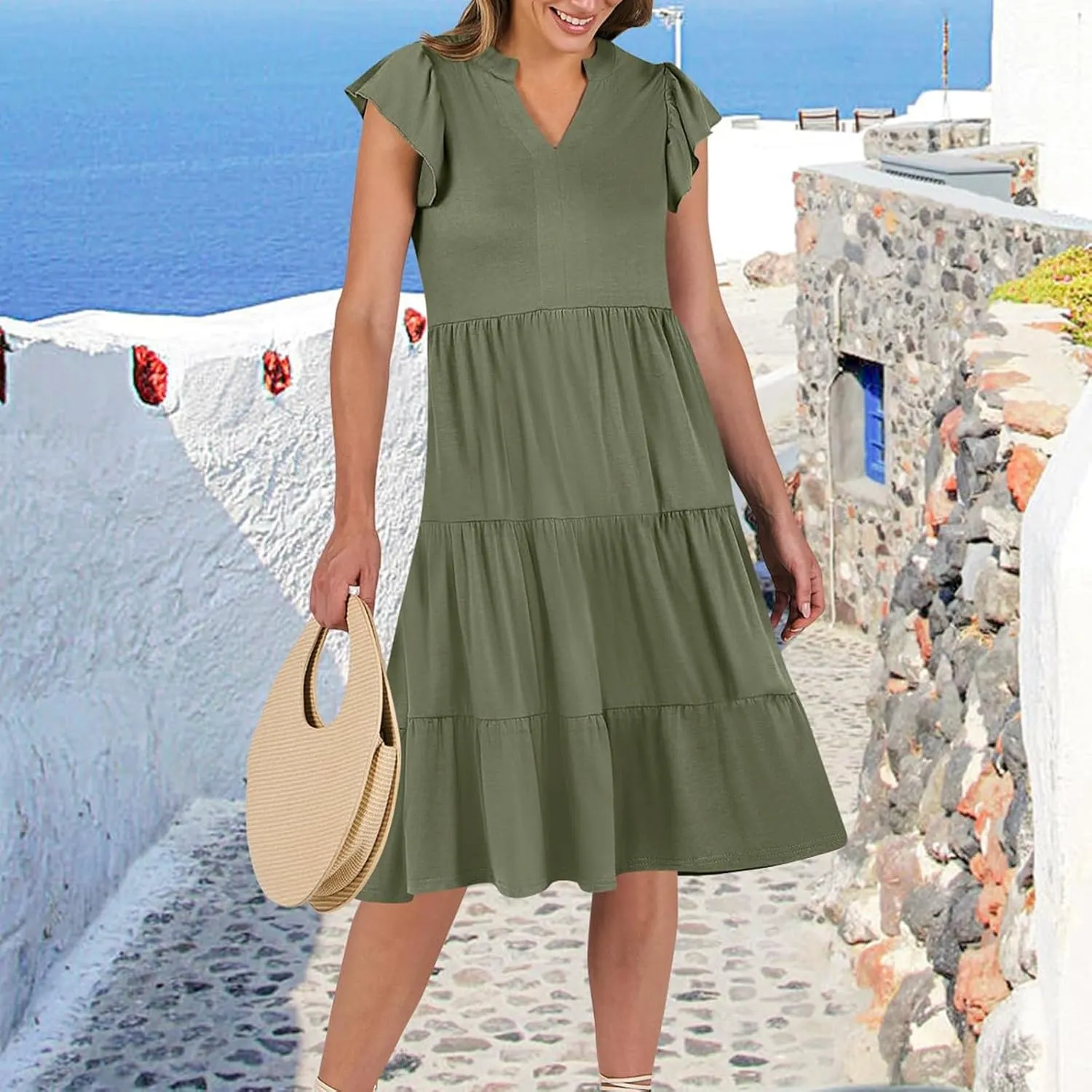 Sundresses for Women 2025 Summer Ruffle Sleeve V Neck Midi Dresses Casual Loose Fit Flowy Tiered Boho Beach Dress