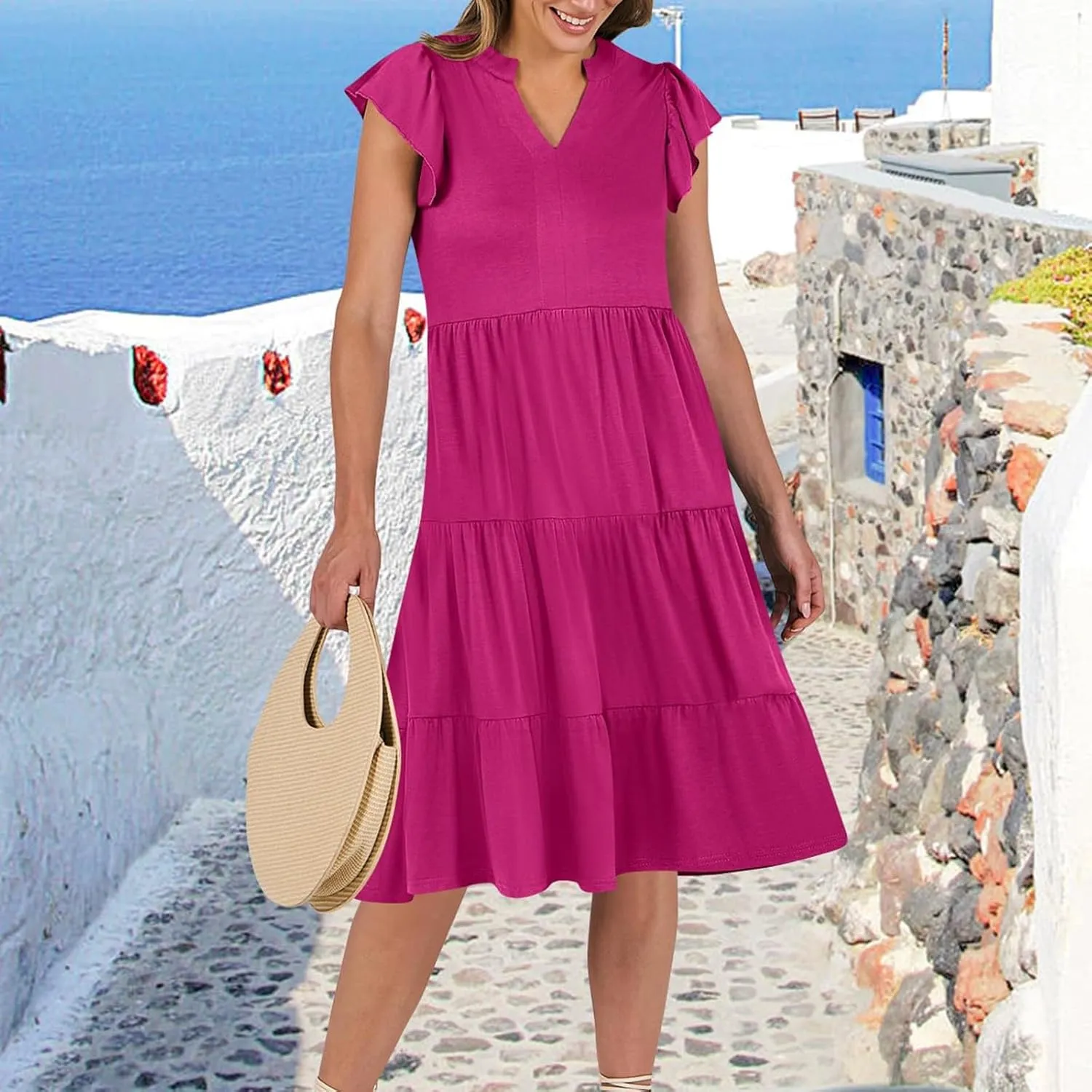 Sundresses for Women 2025 Summer Ruffle Sleeve V Neck Midi Dresses Casual Loose Fit Flowy Tiered Boho Beach Dress