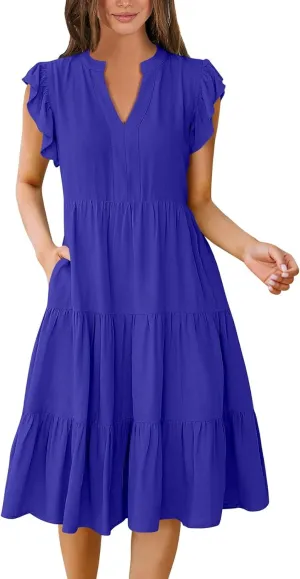 Sundresses for Women 2025 Summer Ruffle Sleeve V Neck Midi Dresses Casual Loose Fit Flowy Tiered Boho Beach Dress