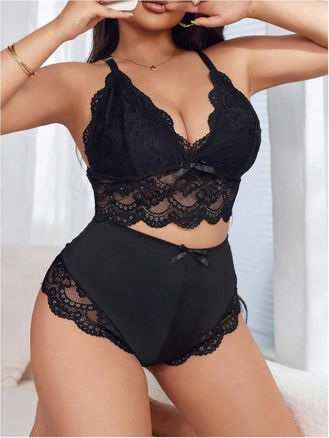 SweatyRocks Women's Plus Size Lace Lingerie Set Sheer Bralettes and Cut Out Briefs Underwear Sets