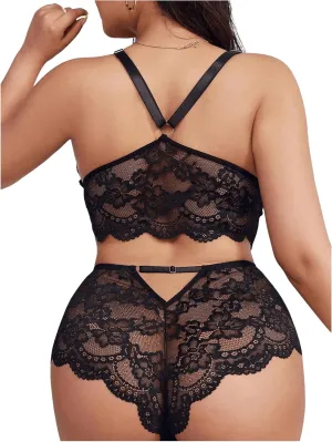 SweatyRocks Women's Plus Size Lace Lingerie Set Sheer Bralettes and Cut Out Briefs Underwear Sets