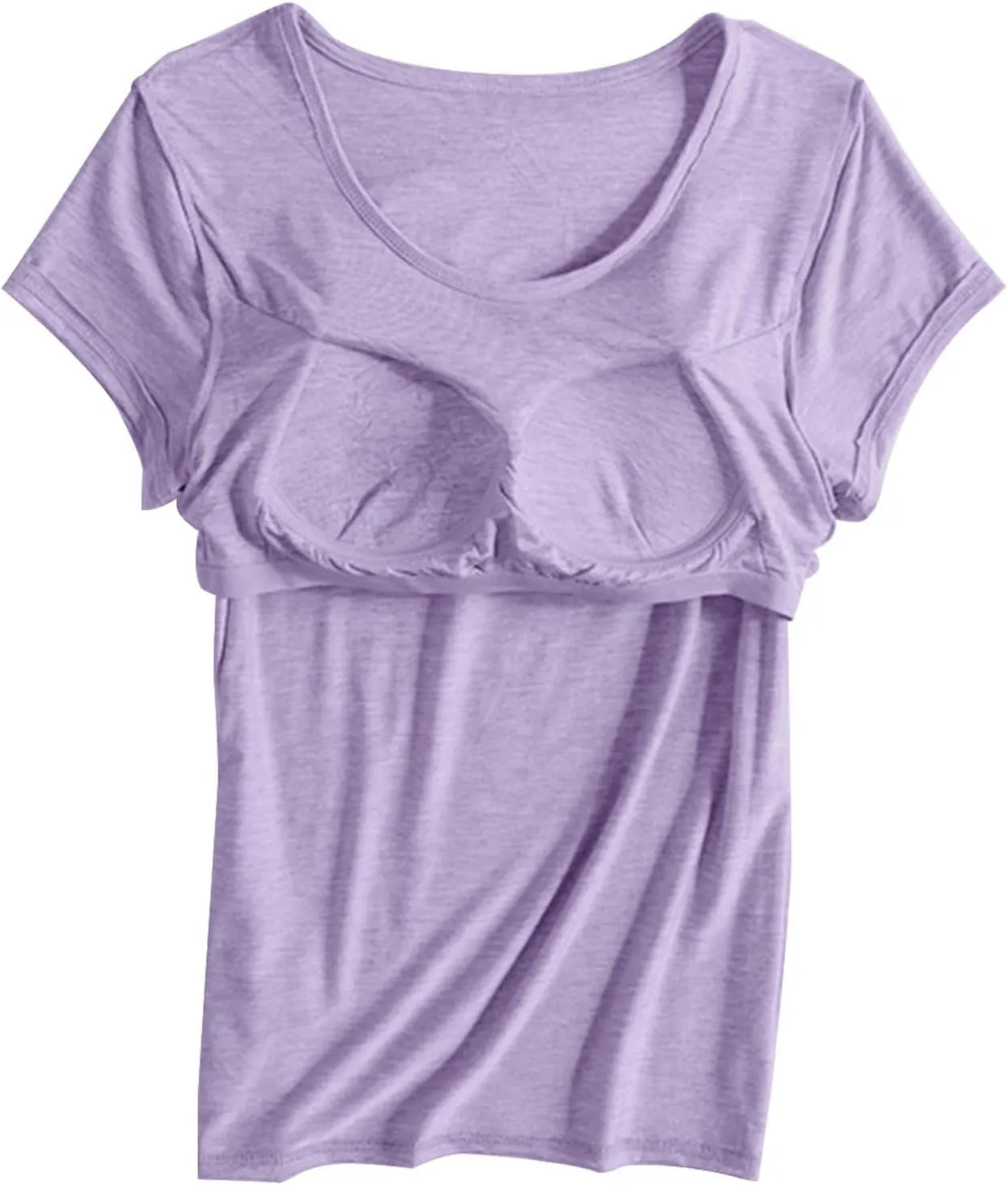T-Shirt with Built-in Bra Women Casual Short Sleeve Scoop Neck Tees Lightweight Athletic Shirt Trendy Workout Yoga Tops
