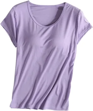 T-Shirt with Built-in Bra Women Casual Short Sleeve Scoop Neck Tees Lightweight Athletic Shirt Trendy Workout Yoga Tops