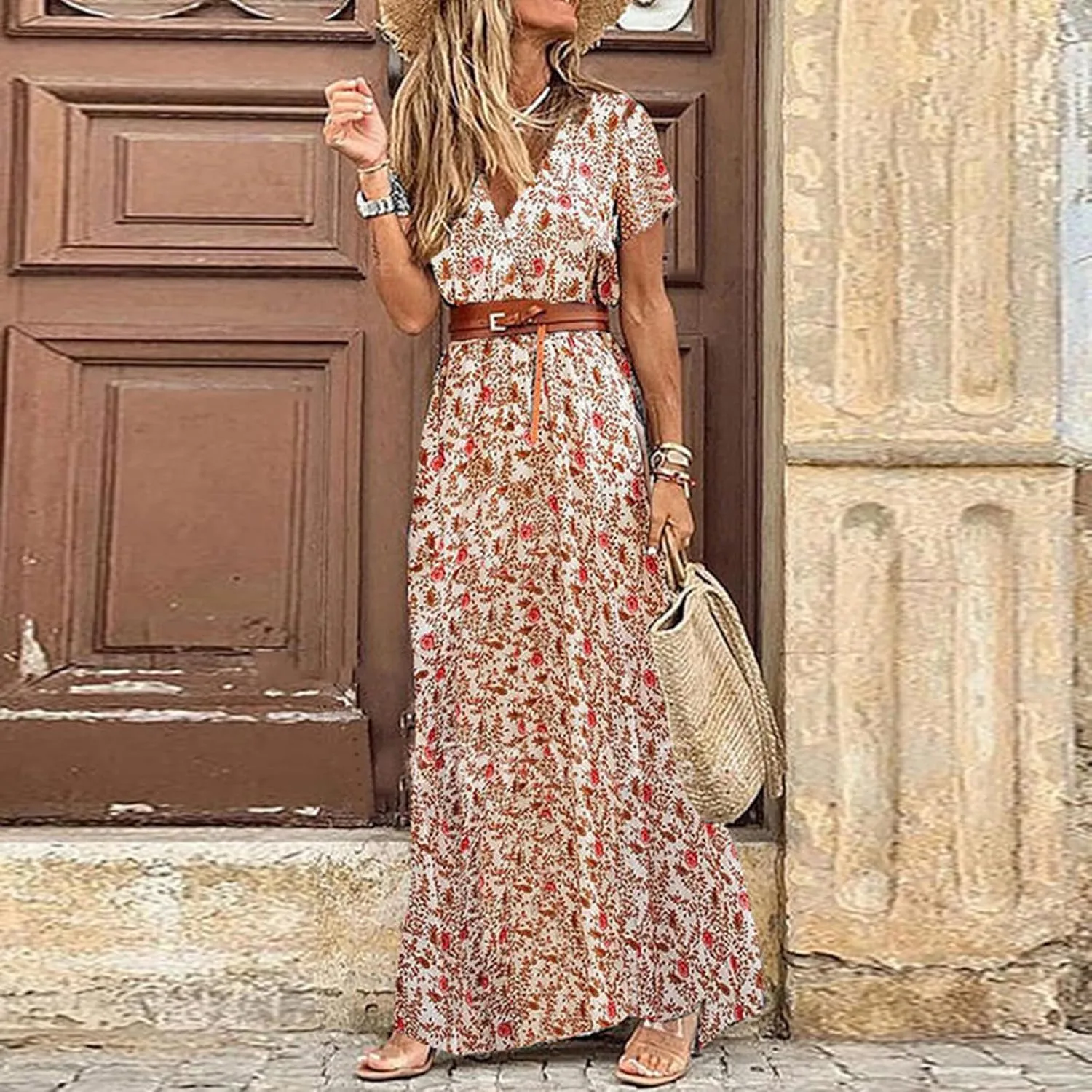 TANGNADE Womens Summer Boho Flowy Wrap V Neck Short Sleeve Floral Print Beach Wedding Guest Long Maxi Dresses with Belt