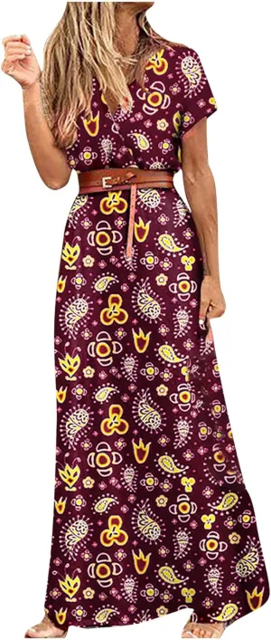 TANGNADE Womens Summer Boho Flowy Wrap V Neck Short Sleeve Floral Print Beach Wedding Guest Long Maxi Dresses with Belt