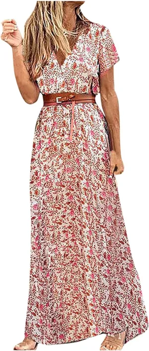 TANGNADE Womens Summer Boho Flowy Wrap V Neck Short Sleeve Floral Print Beach Wedding Guest Long Maxi Dresses with Belt