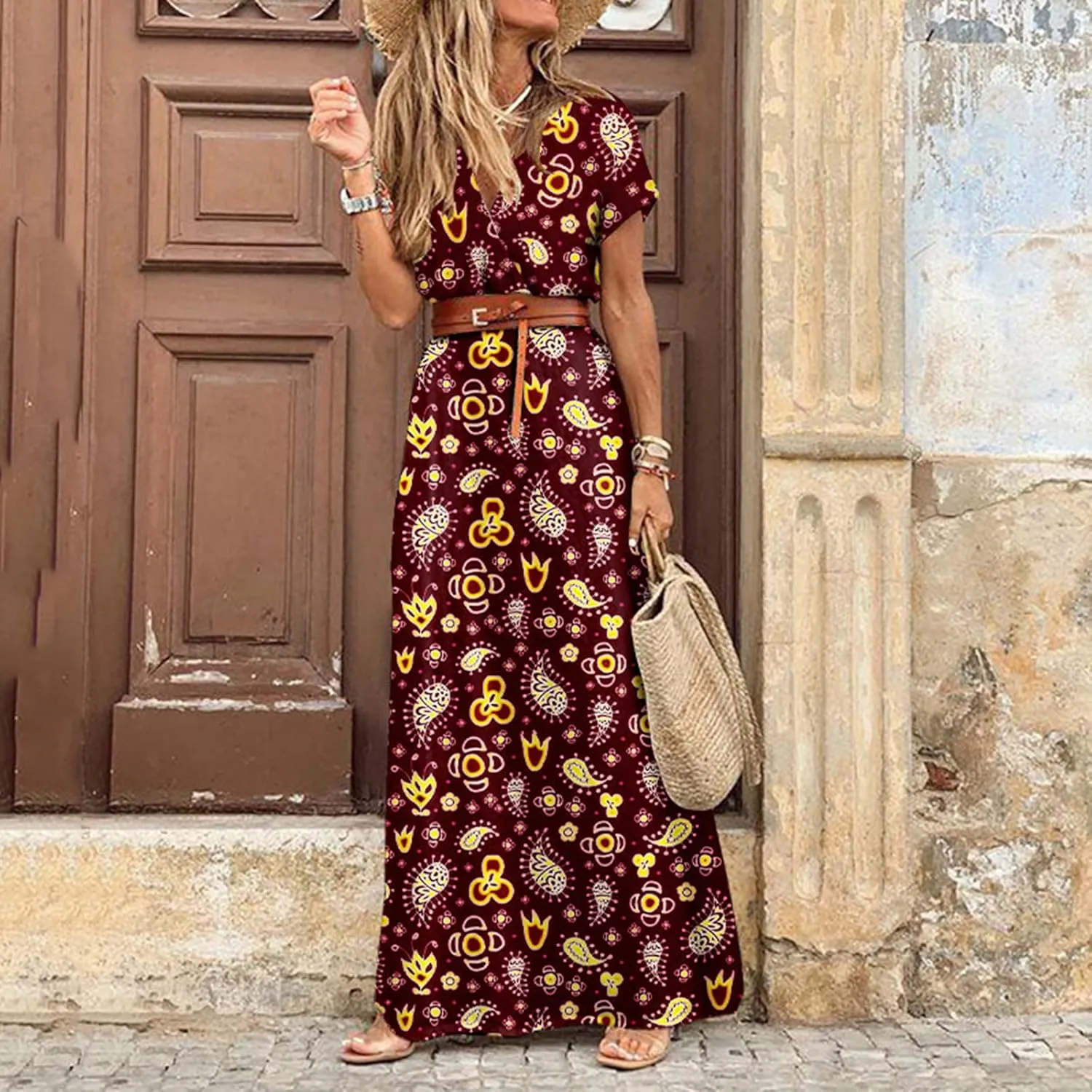 TANGNADE Womens Summer Boho Flowy Wrap V Neck Short Sleeve Floral Print Beach Wedding Guest Long Maxi Dresses with Belt