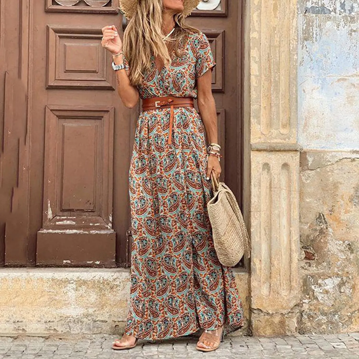 TANGNADE Womens Summer Boho Flowy Wrap V Neck Short Sleeve Floral Print Beach Wedding Guest Long Maxi Dresses with Belt