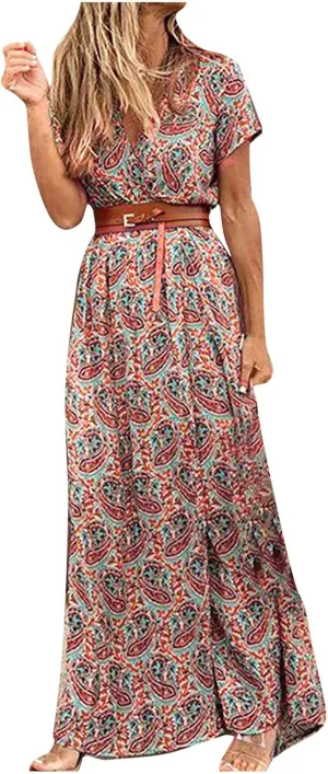 TANGNADE Womens Summer Boho Flowy Wrap V Neck Short Sleeve Floral Print Beach Wedding Guest Long Maxi Dresses with Belt