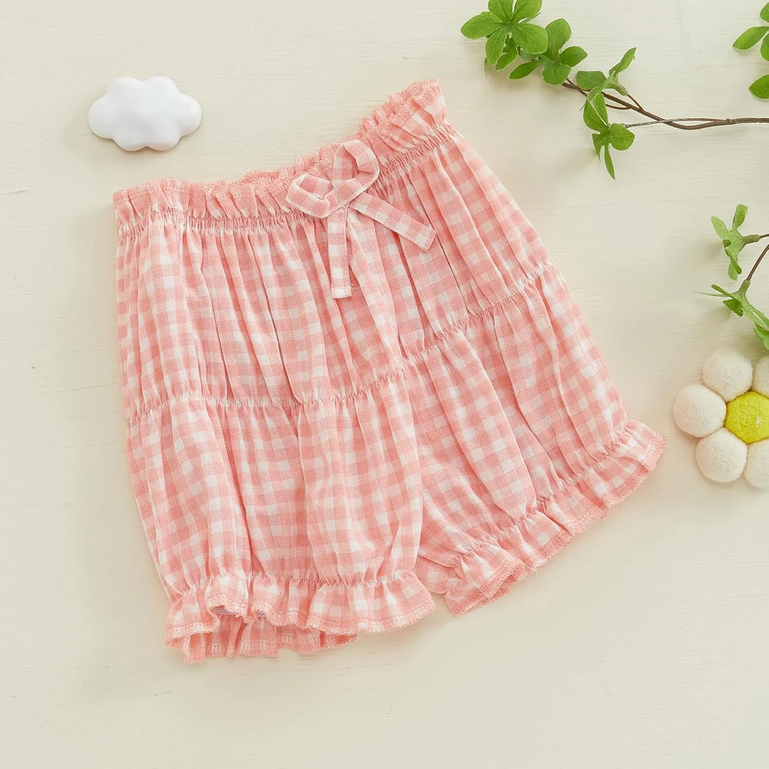 Toddler Baby Girl Shorts Summer Gingham/Striped Shorts Casual Elastic Waist Ruffled Shorts Bottoms
