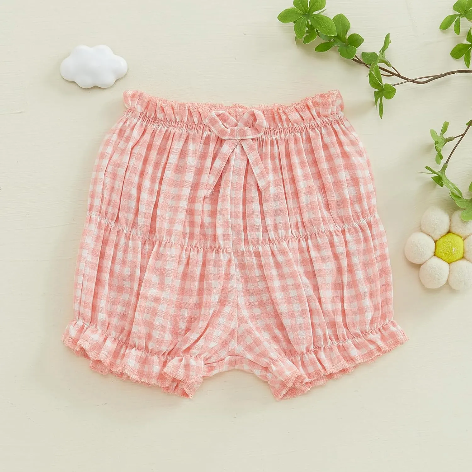 Toddler Baby Girl Shorts Summer Gingham/Striped Shorts Casual Elastic Waist Ruffled Shorts Bottoms