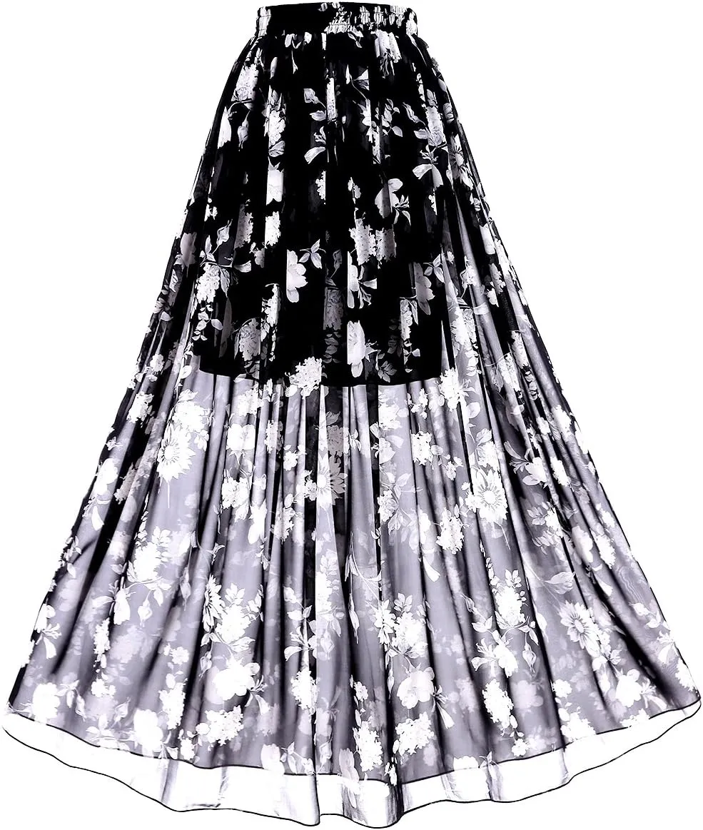 Topdress Women's Chiffon Skirts Elastic High Waist Tea Length A-line Ruffle Beach Skirts