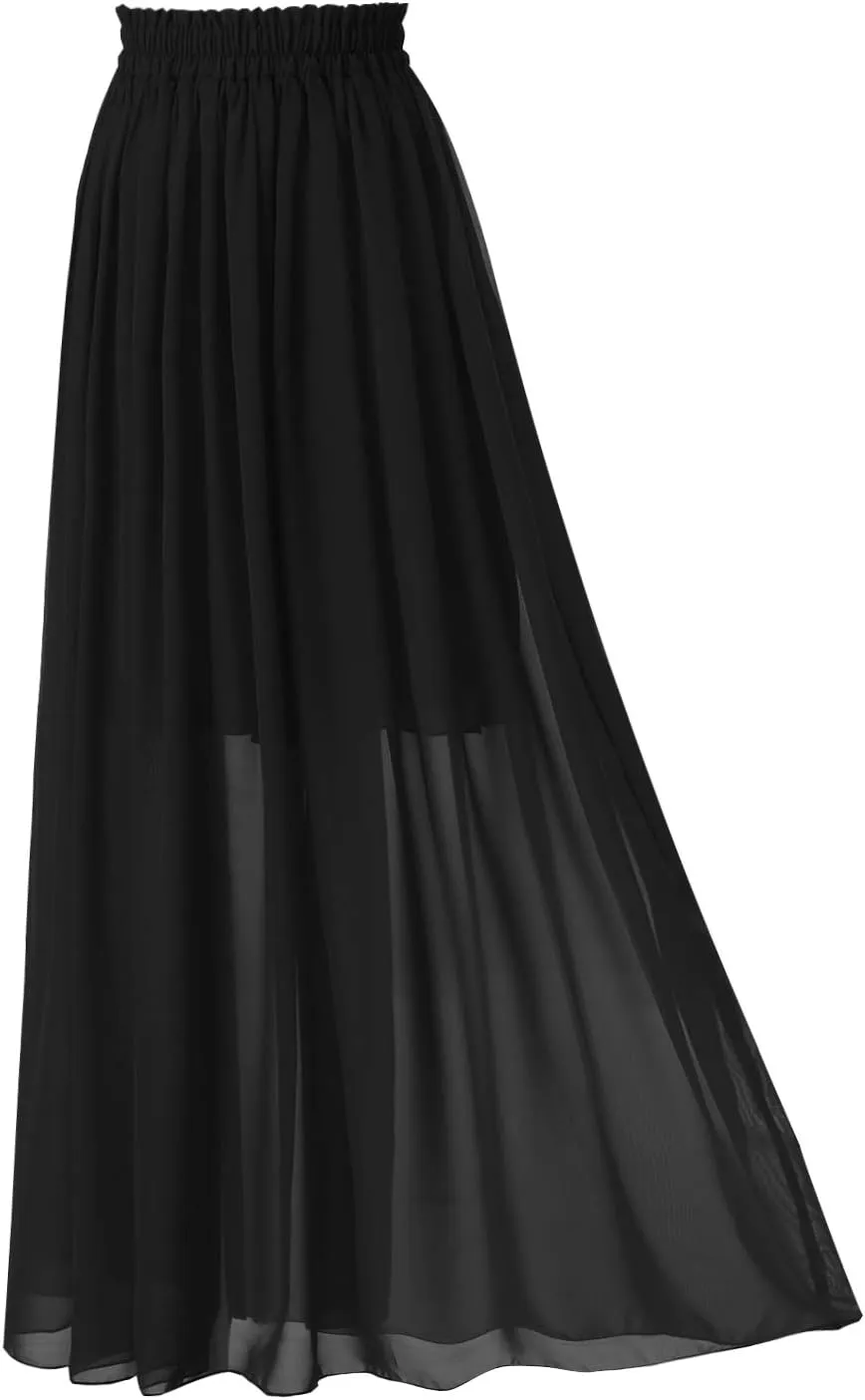 Topdress Women's Chiffon Skirts Elastic High Waist Tea Length A-line Ruffle Beach Skirts