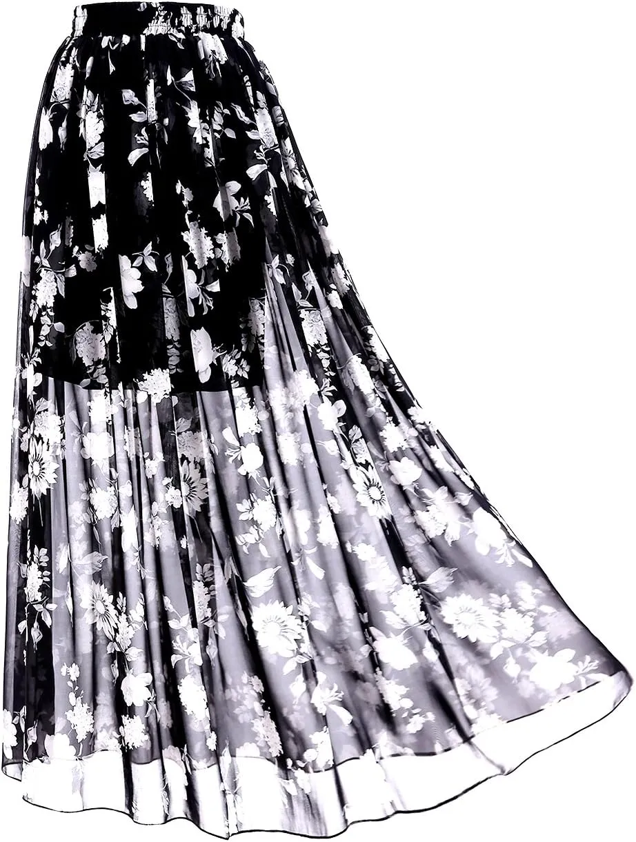 Topdress Women's Chiffon Skirts Elastic High Waist Tea Length A-line Ruffle Beach Skirts
