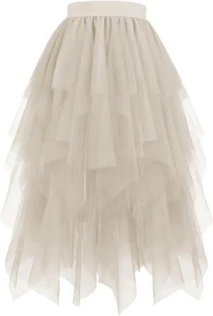 Tulle Skirts for Women Multi Layered Lace Mesh Midi Dress Elastic High Waist Irregular Hem A Line Flowy Skirt 2025