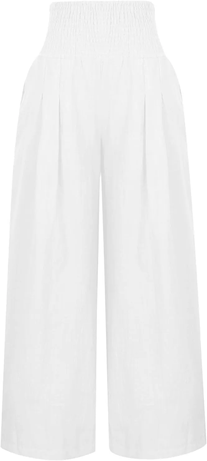 TUNUSKAT Woemns Flowy Linen Pants Summer High Waisted Wide Leg Cotton Trousers Lounge Boho Beach Palazzo Slacks Resort Wear