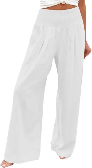 TUNUSKAT Woemns Flowy Linen Pants Summer High Waisted Wide Leg Cotton Trousers Lounge Boho Beach Palazzo Slacks Resort Wear