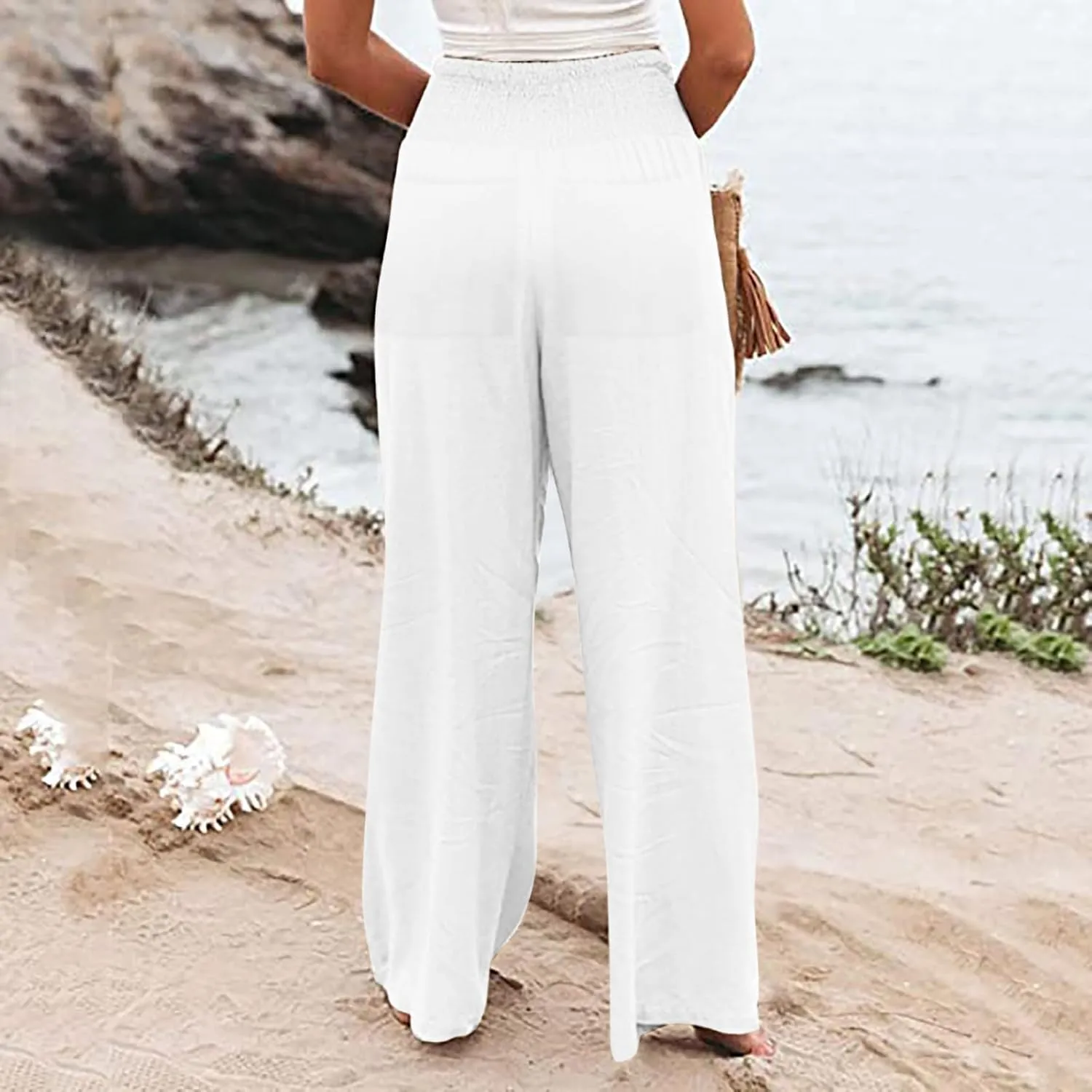 TUNUSKAT Woemns Flowy Linen Pants Summer High Waisted Wide Leg Cotton Trousers Lounge Boho Beach Palazzo Slacks Resort Wear