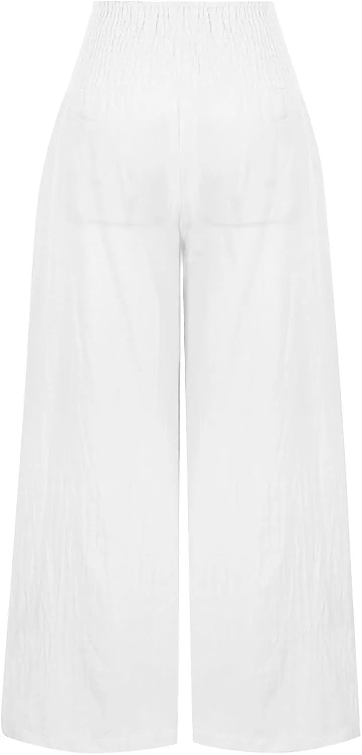 TUNUSKAT Woemns Flowy Linen Pants Summer High Waisted Wide Leg Cotton Trousers Lounge Boho Beach Palazzo Slacks Resort Wear